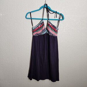 Womens Halter-Style Summer Dress With Geometric Patterned Top & Solid Navy Skirt